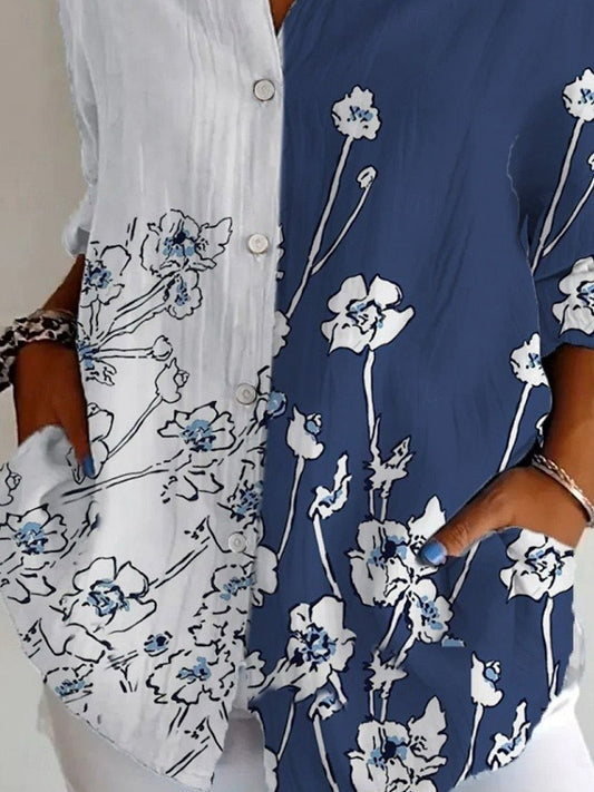 Léine mná le patrún bláthanna, spórtúil, faiseanta, muinchillí fada, colla, feistiú gnáth, léine laethúil agus saoire, cnaipí, prionta, gorm, earrach, fómhar