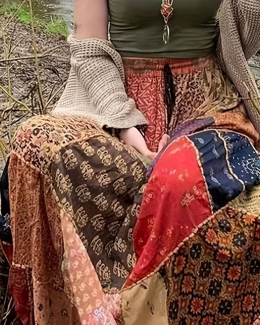 Sciorta Ban, Sciorta Maxi Boho Fánach le Meán-Ardú Crios, Patrún Bláthanna, Micro-Elastic, Saoire, Stíl Sráide, Dearg-Gorm, Samhradh, Poliester