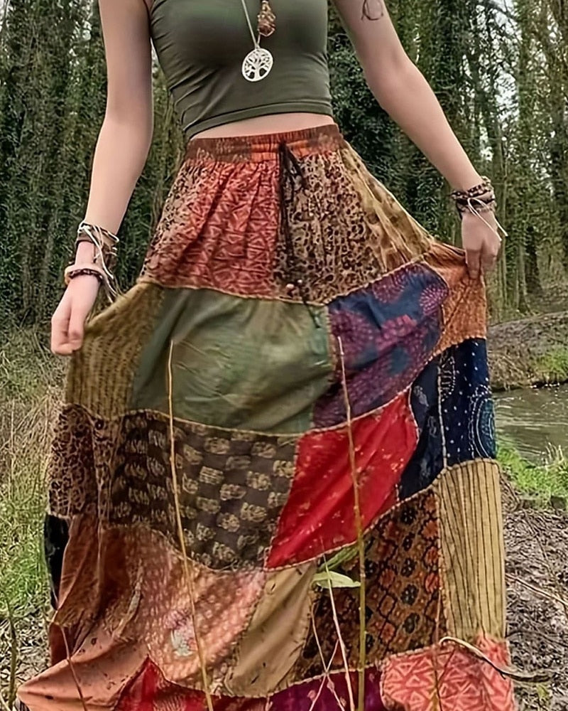 Sciorta Ban, Sciorta Maxi Boho Fánach le Meán-Ardú Crios, Patrún Bláthanna, Micro-Elastic, Saoire, Stíl Sráide, Dearg-Gorm, Samhradh, Poliester