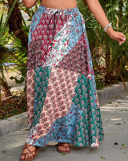 Sciorta Ban, Sciorta Maxi Boho Fánach le Meán-Ardú Crios, Patrún Bláthanna, Micro-Elastic, Saoire, Stíl Sráide, Dearg-Gorm, Samhradh, Poliester