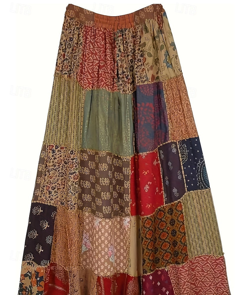 Sciorta Ban, Sciorta Maxi Boho Fánach le Meán-Ardú Crios, Patrún Bláthanna, Micro-Elastic, Saoire, Stíl Sráide, Dearg-Gorm, Samhradh, Poliester