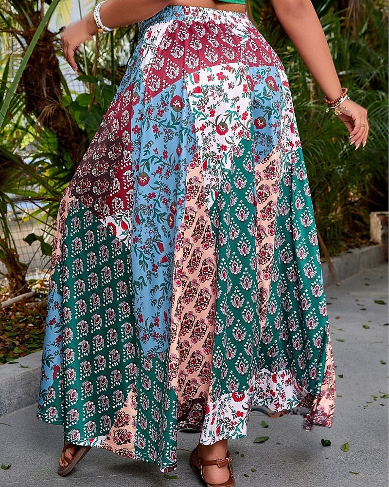 Sciorta Ban, Sciorta Maxi Boho Fánach le Meán-Ardú Crios, Patrún Bláthanna, Micro-Elastic, Saoire, Stíl Sráide, Dearg-Gorm, Samhradh, Poliester