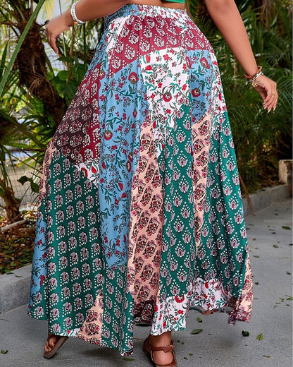 Sciorta Ban, Sciorta Maxi Boho Fánach le Meán-Ardú Crios, Patrún Bláthanna, Micro-Elastic, Saoire, Stíl Sráide, Dearg-Gorm, Samhradh, Poliester